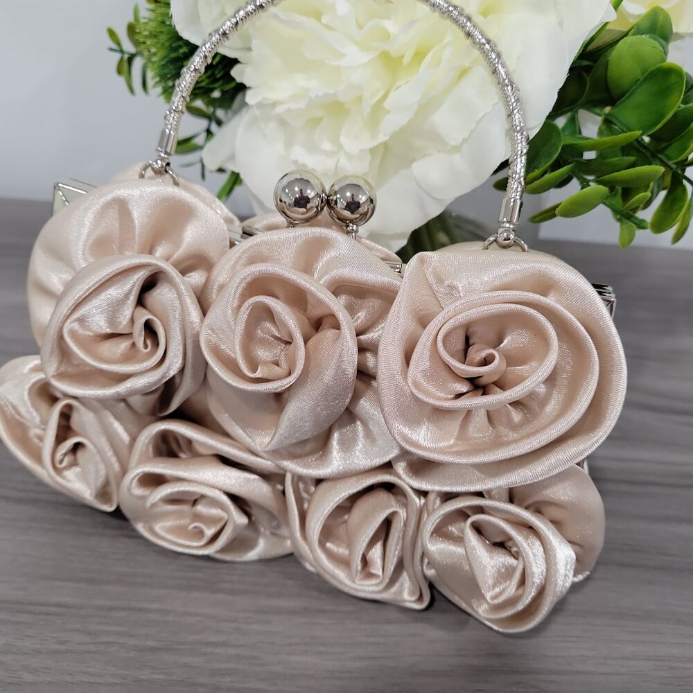 Elegant Latte Satin Roses Wedding Party Clutch Purse w/Rhinestone Handle & Chain - Picture 5 of 7